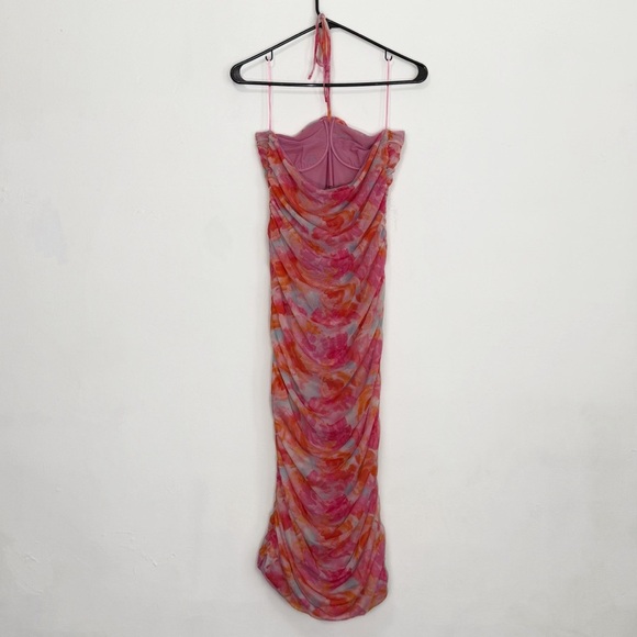 Zara Blogger Favorite Printed Tulle Floral Halter Sheer Dress, Pink Orange sz L - Picture 6 of 10